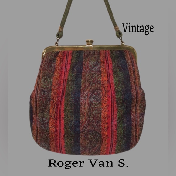 Vintage ROGER VAN S. Frame Kiss Lock Boho Paisley Print Handbag, Leather Handle - Picture 1 of 11